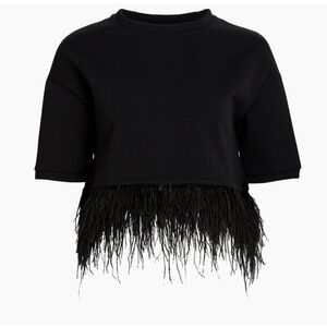 Kirna Zabete Black Feather-Trim Cropped Short Sleeve Top